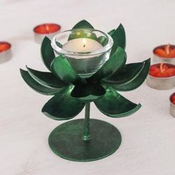 'Handmade Lotus-Shaped Metallic Green Steel Tealight Holder'
