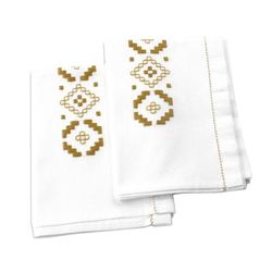 Treasure Diamonds,'Embroidered Golden and White Cotton Tea Towels (Pair)'