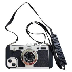 Coque Design 3D Vintage Camera avec lanière pour iPhone garde d'enfant à Paris 14 11 13 15 Pro