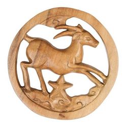 'Capricorn-Themed Hand-Carved Round Suar Wood Relief Panel'