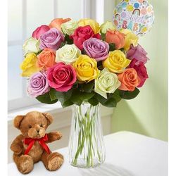 1-800-Flowers Flower Delivery New Baby Celebration Assorted Roses 12-24 Stems, 24 Stems W/ Clear Vase & Bear