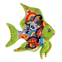Green Angelfish,'Hand-Painted Ceramic Fish Wall Sculpture from Mexico'