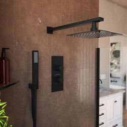 Randolph Morris Tranquil Rainfall Thermostatic Shower Set with Square Showerhead, Round Handles, and Square Handshower - Matte Black RMAS-2TR-SQH-HSQ-MB