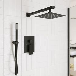 Randolph Morris Tranquil Rainfall Wall Mounted Shower Set with Square Shower Head, Square Valve and Square Handshower - Matte Black RMAS-2SSQ-SQH-HSQ-MB