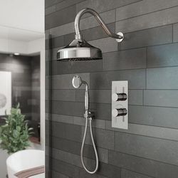 Randolph Morris Tranquil Rainfall Thermostatic Shower Set with Round Showerhead, Gooseneck Handshower, and Round Handles - Chrome RMAS-2TR-RRHGN-HSR-C