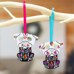 '2 Hand-Painted Wood Day of the Dead Skeleton Dog Ornaments'