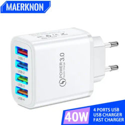 Chargeur USB 40W QC 3.0 4 Ports Charge Rapide Adaptateur de Téléphone pour iPhone Samsung Xiaomi