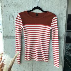 J. Crew Tops | J. Crew Red Placed Striped Long Sleeve Ribbed Fitted Top Xxs | Color: Orange/White | Size: Xxs