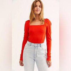 Free People Tops | Free People Ribbed Square Neck Puff Sleeve It Girl Long Sleeve S | Color: Red | Size: S