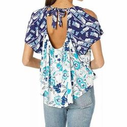 Free People Tops | Free People Blue White Baja Babe Open Back With Tie Soft Cold Shoulder Top | Color: Blue/White | Size: Xs