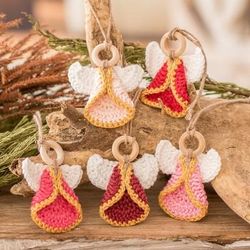 'Set of 5 Handmade Pink-Toned Cotton and Wood Angel Ornaments'