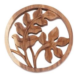Fern,'Balinese Crafted Fern Plant Suar Wood Relief Panel'