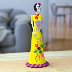 'Hand-Painted Catrina & Fan Ceramic Sculpture from Mexico'