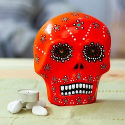 Face of the Flaming Underworld,'Painted Floral Orange Day of the Dead Skull Ceramic Wall Art'