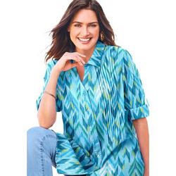 Plus Size Women's Pintucked Button Down Gauze Shirt by Woman Within in Azure Multi Ikat (Size 3X)