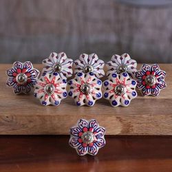 Fantasy Spring,'Set of 9 Floral Blue and Red Ceramic Knobs from India'