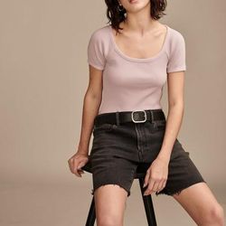 Lucky Brand Short Sleeve Rib Knit Top - Women's Clothing Knit Tops Tee Shirts in Mauve Shadows, Size S