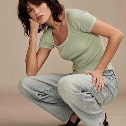 Lucky Brand Short Sleeve Rib Knit Top - Women's Clothing Knit Tops Tee Shirts in Aqua Gray, Size M