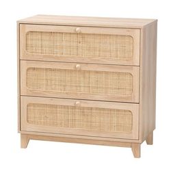 Elsbeth Japandi Oak Brown Finished Wood And Natural Rattan 3-Drawer Storage Cabinet by Baxton Studio in Oak Brown