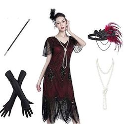 Anni Ruggenti Anni 1920 Lunghezza al ginocchio Vestito Abito Flapper Abiti Maniche corte Il grande Gatsby Invitato al matrimonio Paillettes Frangia con nappe Paillettes Nappa Scollo a V Costume Per