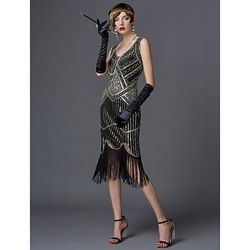 Anni Ruggenti Anni 1920 Lunghezza al ginocchio Vestito Abito Flapper Abiti da Ballo Senza maniche Il grande Gatsby Charleston Invitato al matrimonio Paillettes Patchwork Scollo a V Costume Per donna