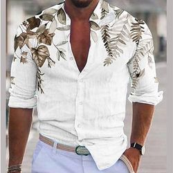 Per uomo pianta Camicia Camicia di lino Camicia casual Manica Lunga Moderno Contemporaneo Casual Camicia hawaiana Vacanza Uscire Spiaggia Estate Primavera Collo ripiegato Stampato Bottonato Blu Viola
