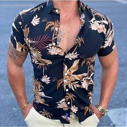 Per uomo Floreale Foglia di palma Piante tropicali Camicia Camicia hawaiana Camicia Aloha Manica corta Camicia Colletto classico Vintage Originale Sensuale Da mare Feste Strada Nero Rosso Blu S M L