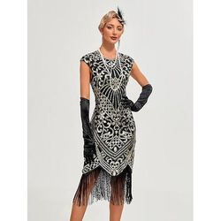 Anni Ruggenti Anni 1920 Lunghezza al ginocchio Vestito Abito Flapper Abito per Festa di Natale Cortissima Il grande Gatsby Charleston Invitato al matrimonio Paillettes Frangia con nappe Scollo Tondo