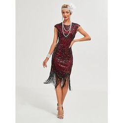 Anni Ruggenti Anni 1920 Lunghezza al ginocchio Vestito Abito Flapper Abito per Festa di Natale Cortissima Il grande Gatsby Charleston Invitato al matrimonio Paillettes Frangia con nappe Scollo Tondo
