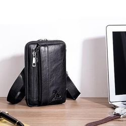 elegante borsa a tracolla verticale in pelle marrone: borsa a tracolla compatta da uomo con molteplici tasche con cerniera, ideale per l'uso quotidiano e i viaggi