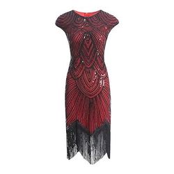 Anni Ruggenti Anni 1920 Lunghezza al ginocchio Vestito Abito Flapper Abito da cocktail Cortissima Il grande Gatsby Charleston Invitato al matrimonio Paillettes Frangia con nappe Tinta unita Scollo