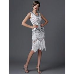 Anni Ruggenti Anni 1920 Lunghezza al ginocchio Vestito Abito Flapper Costumi di Halloween Senza maniche Il grande Gatsby Charleston Invitato al matrimonio Paillettes Pizzo Patchwork Scollo a V Costume