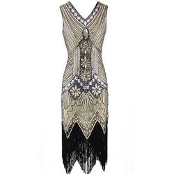 Anni Ruggenti Anni 1920 Lunghezza al ginocchio Vestito Abito Flapper Costumi di Halloween Senza maniche Il grande Gatsby Charleston Invitato al matrimonio Paillettes Pizzo Patchwork Scollo a V Costume