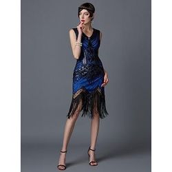 Anni Ruggenti Anni 1920 Lunghezza al ginocchio Vestito Abito Flapper Costumi di Halloween Senza maniche Il grande Gatsby Charleston Invitato al matrimonio Paillettes Pizzo Patchwork Scollo a V Costume