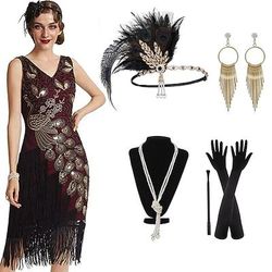 Anni Ruggenti Anni 1920 Lunghezza al ginocchio Vestito Abito Flapper Abiti Senza maniche Il grande Gatsby Invitato al matrimonio Paillettes Frangia con nappe Scollo a V Costume Per donna Festa serale