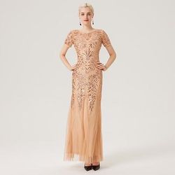 Anni Ruggenti Anni 1920 Lunghezza alla caviglia Vestito Abito da sera Abiti da Ballo Maniche corte Il grande Gatsby Charleston Invitato al matrimonio Paillettes Ricamo Scollo Tondo Costume Per donna