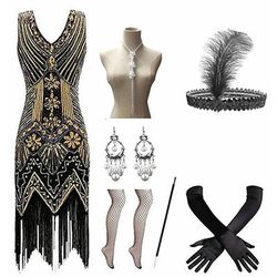 Anni Ruggenti Anni 1920 Lunghezza al ginocchio Vestito Abito Flapper Abiti Senza maniche Il grande Gatsby Charleston Taglie Forti Frangia con nappe Piuma Scollo a V Costume Per donna Carnevale