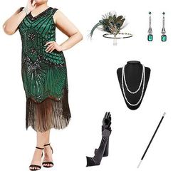 Anni Ruggenti Anni 1920 Midi Abito Flapper Abito da cocktail Set di accessori Senza maniche Il grande Gatsby Invitato al matrimonio Paillettes Frangia con nappe Scollo a V Costume Per donna Mascherata