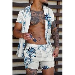 Per uomo Albero di Cocco Piante Tropicali 2 pezzi Set di camicie Camicia hawaiana estiva Manica Corta Pantaloni corti Collo ripiegato Tropicale Moda Hawaiano Streetwear Casuale Ferie Stampato Estate