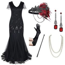 Anni Ruggenti Anni 1920 Lunghezza al pavimento Vestito Abito da sera Abiti Maniche corte Il grande Gatsby Invitato al matrimonio Paillettes Scollo a V Costume Per donna Festa serale Abbigliamento da
