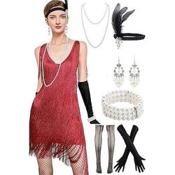 Anni Ruggenti Anni 1920 Mini Abito Flapper Abiti Set di accessori Senza maniche Il grande Gatsby Invitato al matrimonio Paillettes Frangia con nappe Paillettes Nappa Scollo a V Costume Per donna