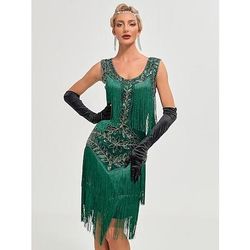 Anni Ruggenti Anni 1920 Lunghezza al ginocchio Vestito Abito Flapper Senza maniche Il grande Gatsby Charleston Invitato al matrimonio Paillettes Frangia con nappe Scollo Tondo Costume Per donna