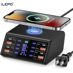 100W 8 Ports USB Charger Station With Wireless Charging Digital Display Screen QC3.0 Quick Charge