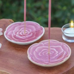 'Handcrafted Rose-Shaped Pink Ceramic Incense Holders (Pair)'