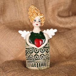 Angel with Heart,'Handmade & Painted Glazed Angel and Heart Ceramic Sculpture'