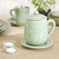 Luxury Peony in Green,'Floral Crackled Green Celadon Ceramic Covered Cup and Saucer'