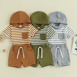 2024-01-22 Lioraitiin Toddler Baby Boy Summer Clothes camicia con cappuccio a righe a maniche corte