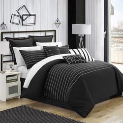 Chic Home Design Karlston 9 Piece Comforter Elegant Stitched Embroidered Design Complete Bedding Set - Black - QUEEN