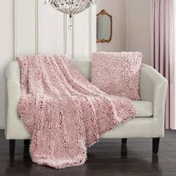 Chic Home Design Chesney Throw Blanket 2 Piece Set Cozy Super Soft Ultra Plush Shaggy Lion Faux Fur Micromink with Design Coordinated Decorative Throw Pillow - Pink