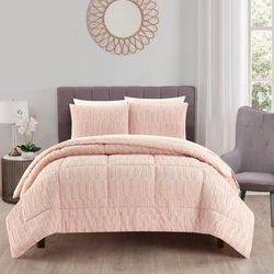 Chic Home Design Panya 5 Piece Comforter Set Textured Geometric Pattern Faux Rabbit Fur Micro-Mink Backing Bed In A Bag Bedding - Pink - TWIN XL